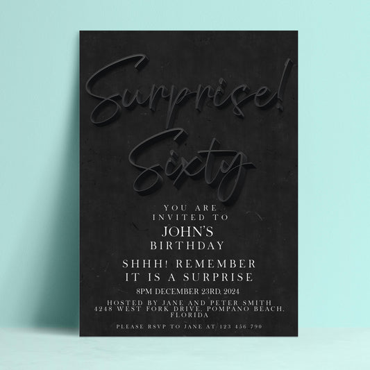 The image is a birthday invitation for John's 60th birthday, featuring a black background with white text.