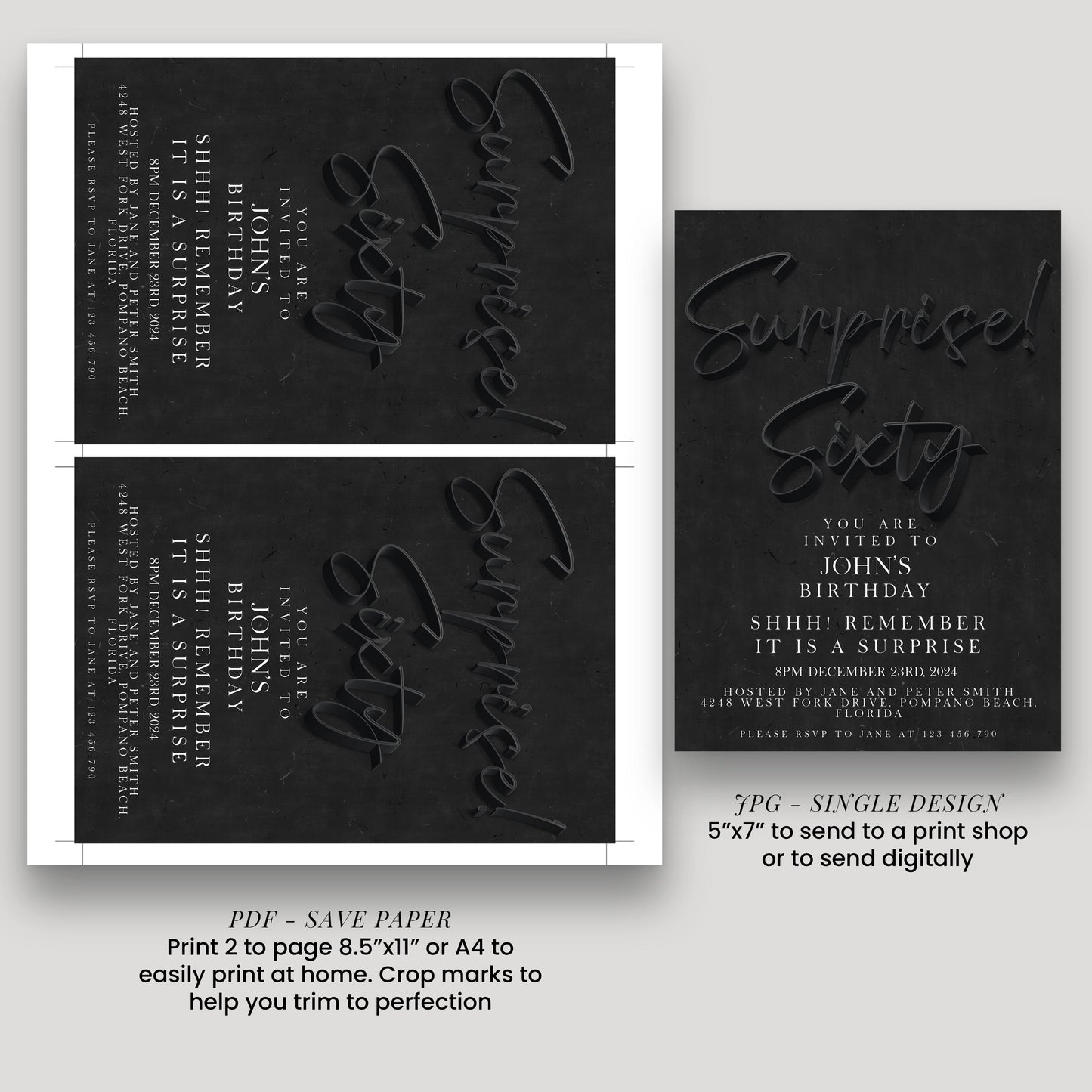 The image is a single page from a printable invitation for John's 60th birthday party.