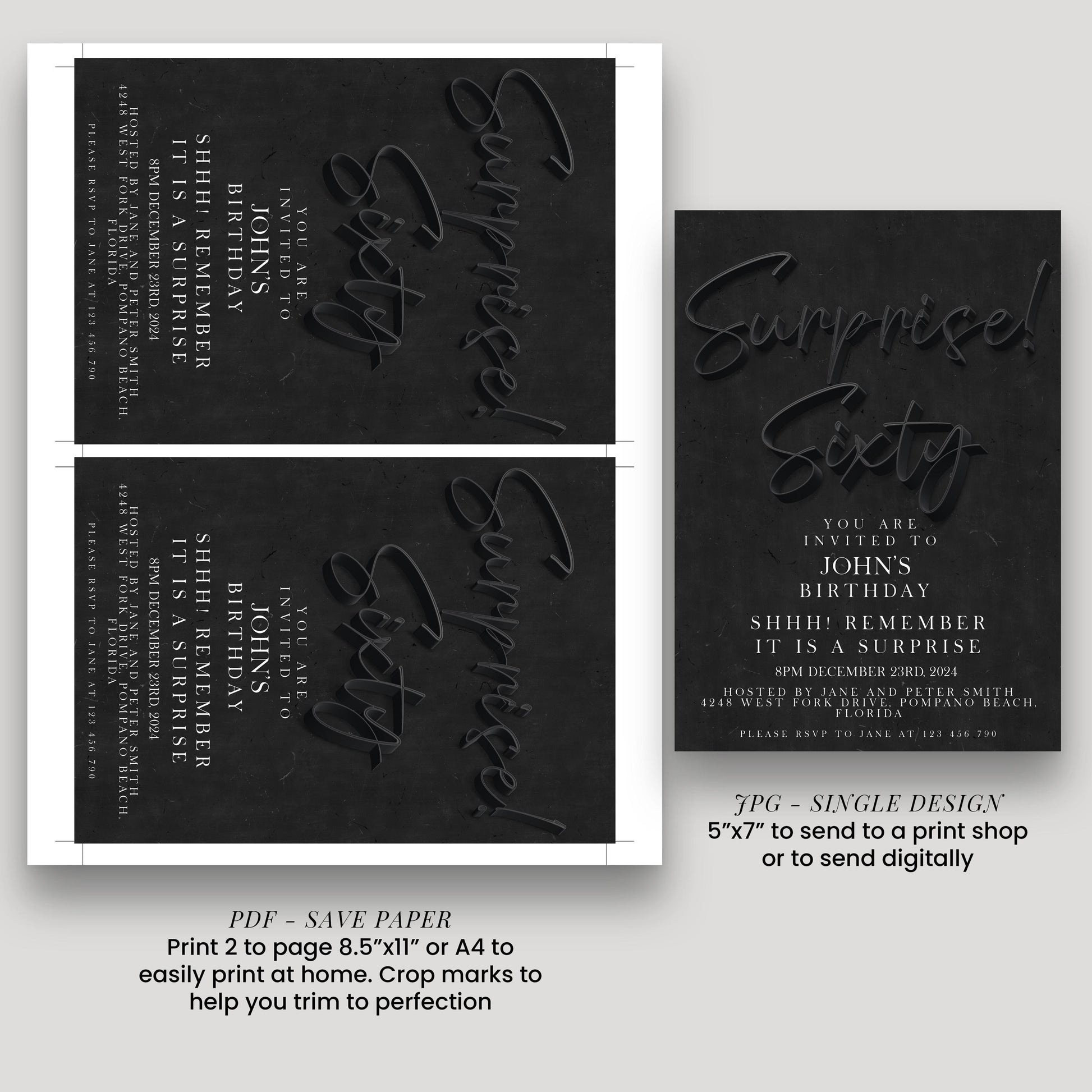 The image is a single page from a printable invitation for John's 60th birthday party.