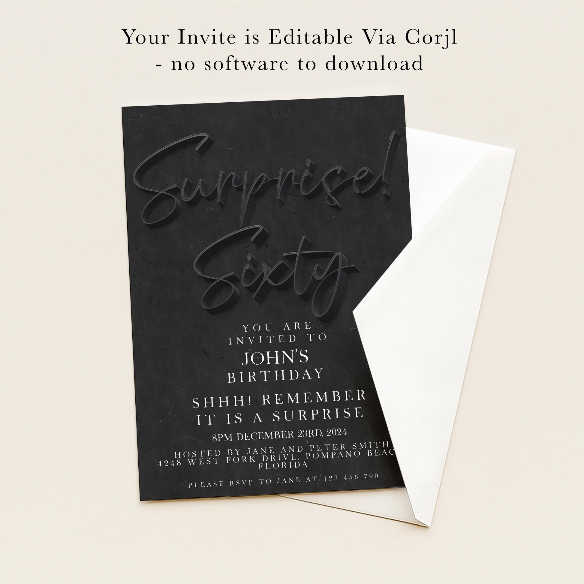 The image is a birthday invitation for John's 60th birthday, with a black background and white text.