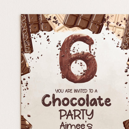 The image is a birthday party invitation for a chocolate-themed party.