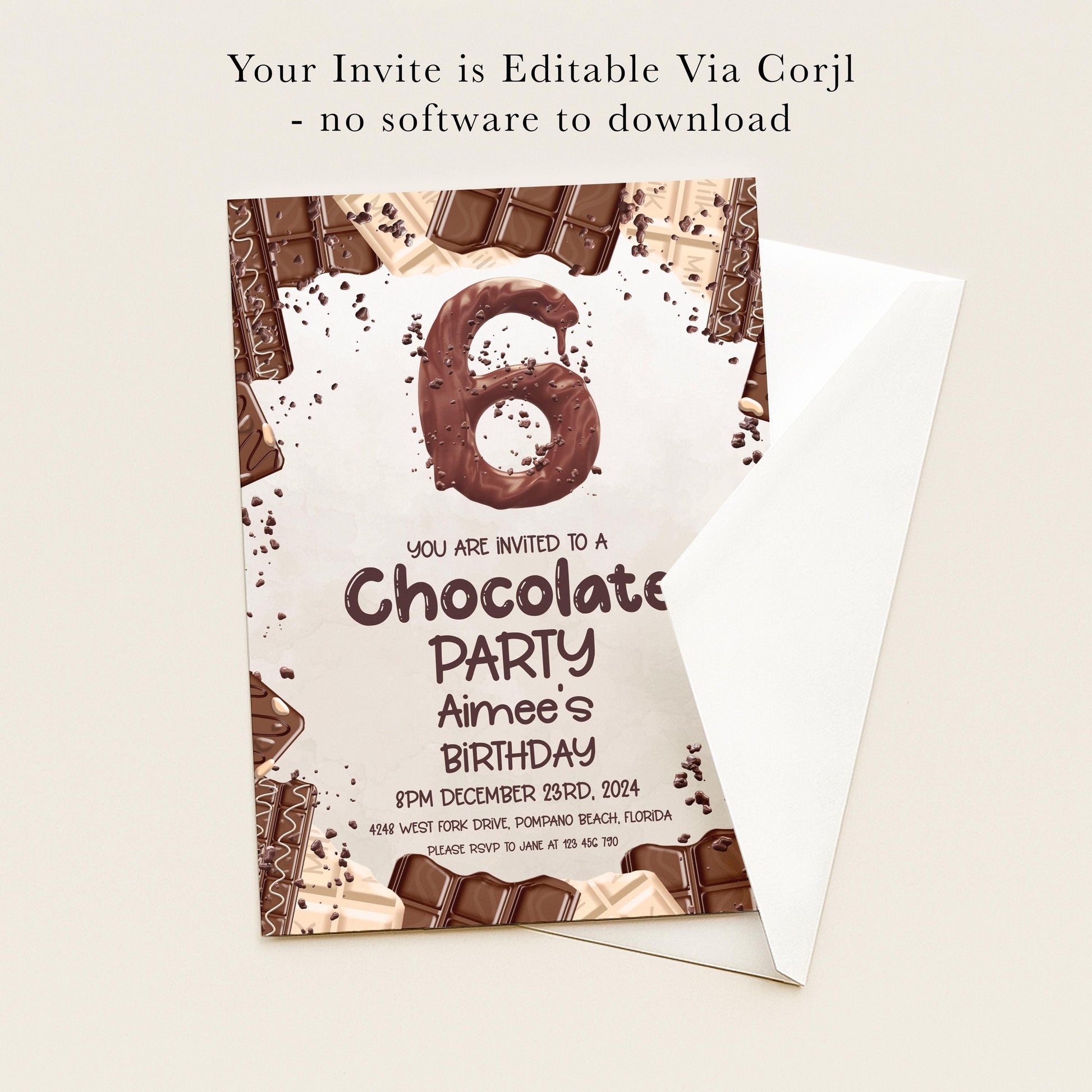 The image is a birthday party invitation for a 6-year-old, featuring chocolate-themed decorations and text.