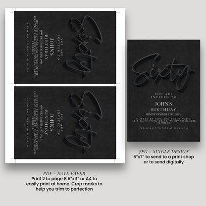 The image is a single design invitation for John's birthday party, featuring a black and white color scheme with the text "You are invited to John's Birthday party on Saturday, December 29, 2011, from 12:00 to 2:00 pm, at the WESTERN FORK, JANE AND PETER SMITH, 442 WEST FORK, JANELAND, FLORIDA. Please RSVP to Jane at 125 150 250."