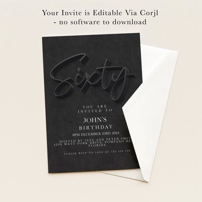 The image is a birthday invitation for John's 60th birthday. It is a black and white invitation card with the text "You are invited to John's birthday" and the date "8PM DECEMBER 23RD 2023". The invitation is hosted by Jane and Peter Smit, and it is being sent to Jane at 12:34:56 PM, Florida. The invitation does not contain any text that is too long or too vague, and it does not include any images.