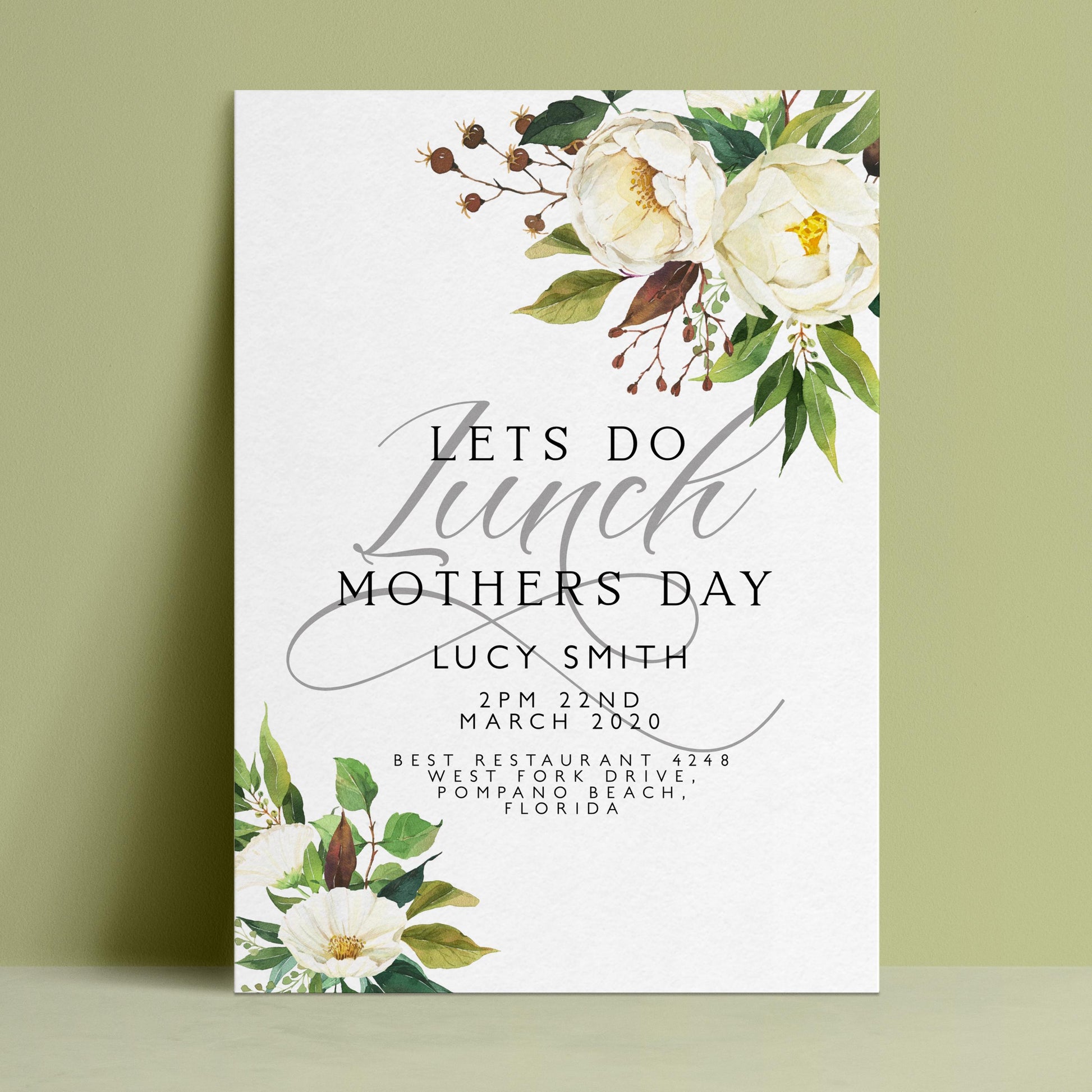The image is a flyer for a mothers' day event, featuring a floral design with white flowers and green leaves.