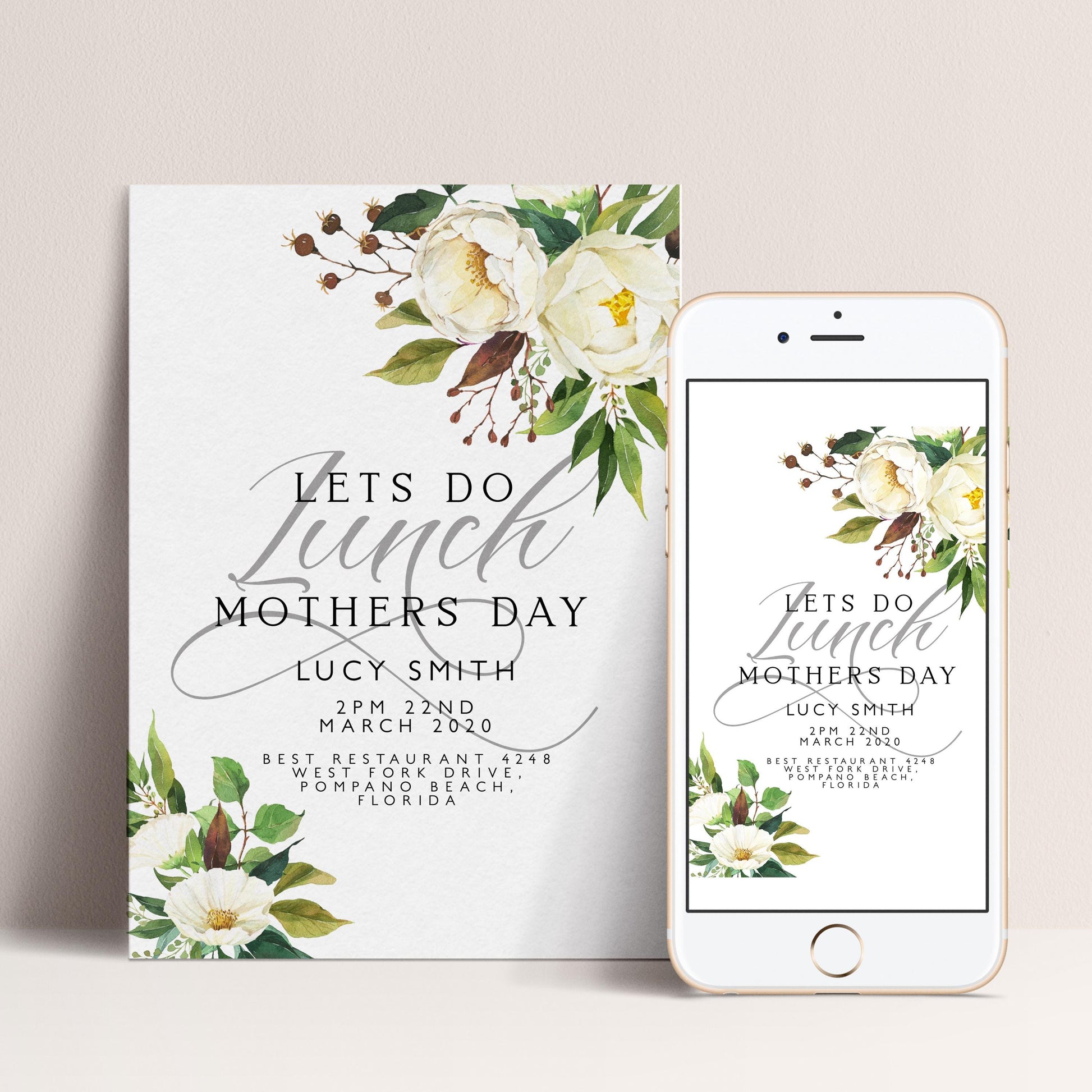 a white invitation card and a smartphone screen with a floral design, both featuring the text "Let's do Lunch Mother's Day Lucy Smith" and the date "2PM 22ND MARCH 2020".