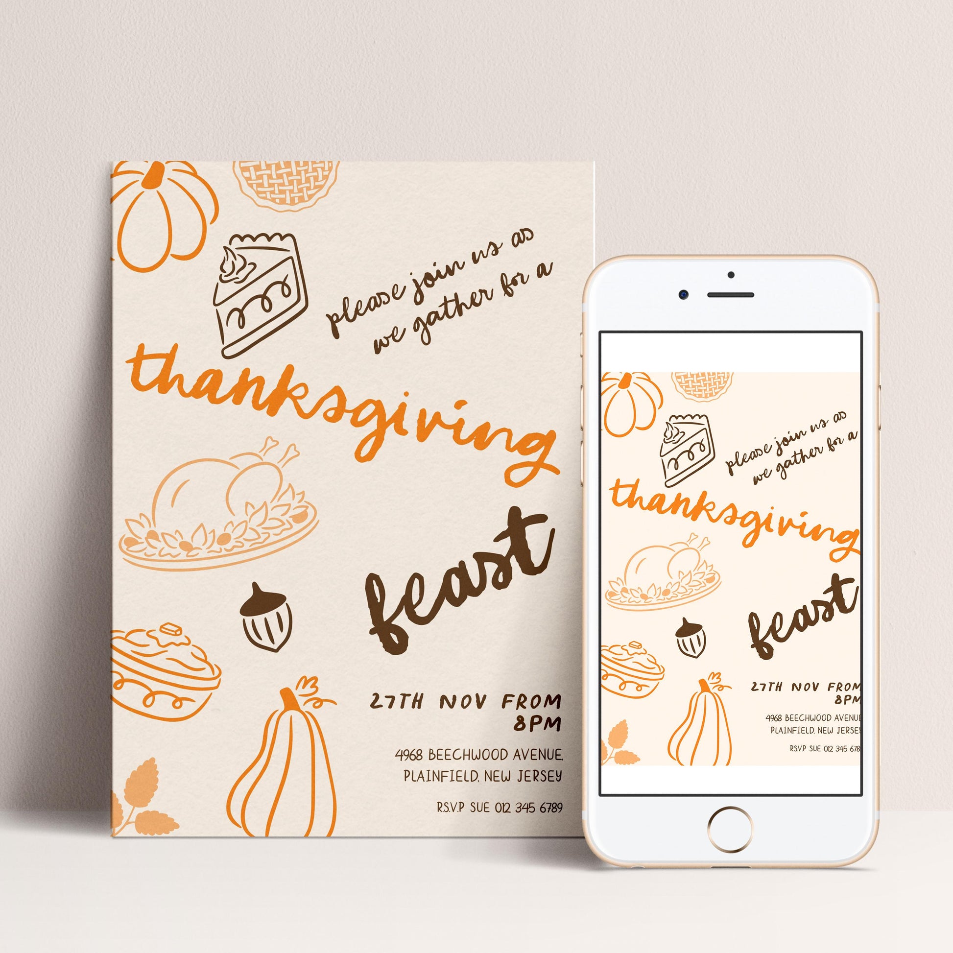 The image is a Thanksgiving feast invitation featuring a beige background with illustrations of various Thanksgiving dishes and decorations. The invitation includes text inviting guests to gather for a feast and provides details about the event, such as the date and time.