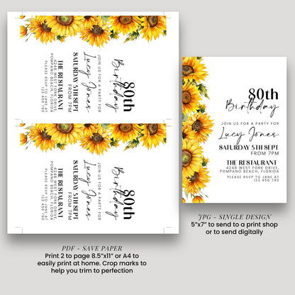 a birthday party invitation for Lucy Jones' 80th birthday. The invitation features a floral design with yellow sunflowers and includes details about the party, such as the date, time, location, and RSVP information.