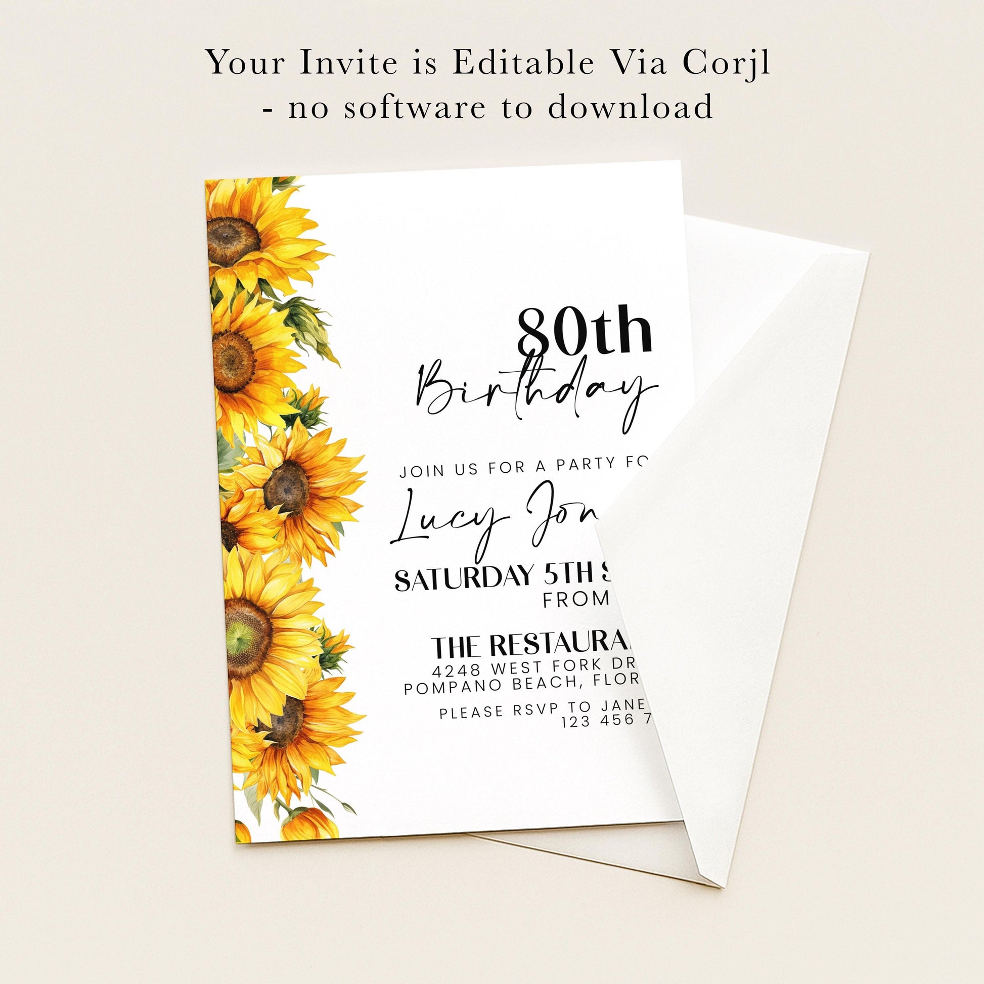 The image is a birthday invitation for a girl named Lucy Jon celebrating her 80th birthday. The invitation is for a party at The Restaurant, located at 1248 West Fork Dr, Pompano Beach, Florida. The invitation is not for a software-based party and does not include any software to download.