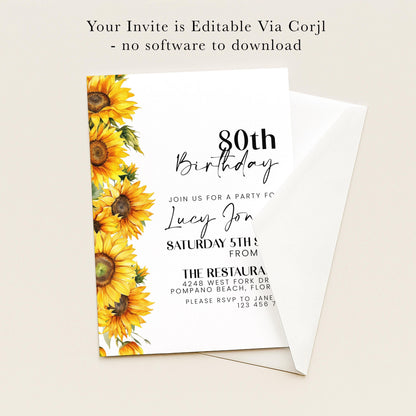 The image is a birthday invitation for a girl named Lucy Jon celebrating her 80th birthday. The invitation is for a party at The Restaurant, located at 1248 West Fork Dr, Pompano Beach, Florida. The invitation is not for a software-based party and does not include any software to download.