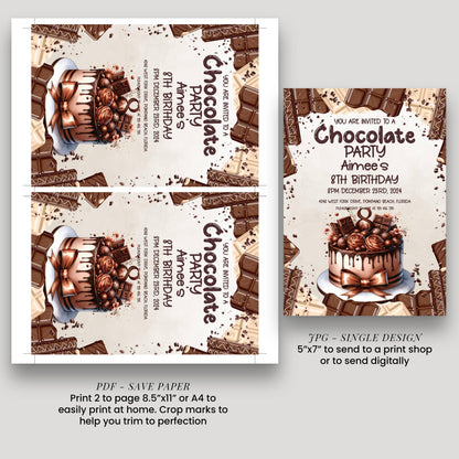 The image is a collage of two chocolate-themed birthday party invitation designs. The first design features a cake with chocolate decorations, while the second design showcases a chocolate cake with chocolate sprinkles. The text invites guests to a chocolate party for Aimee's 8th birthday, with details about the party date, time, location, and RSVP instructions. The invitation also includes a note about the size of the print, with options to print 2 pages or 4x4 to fit the desired size.