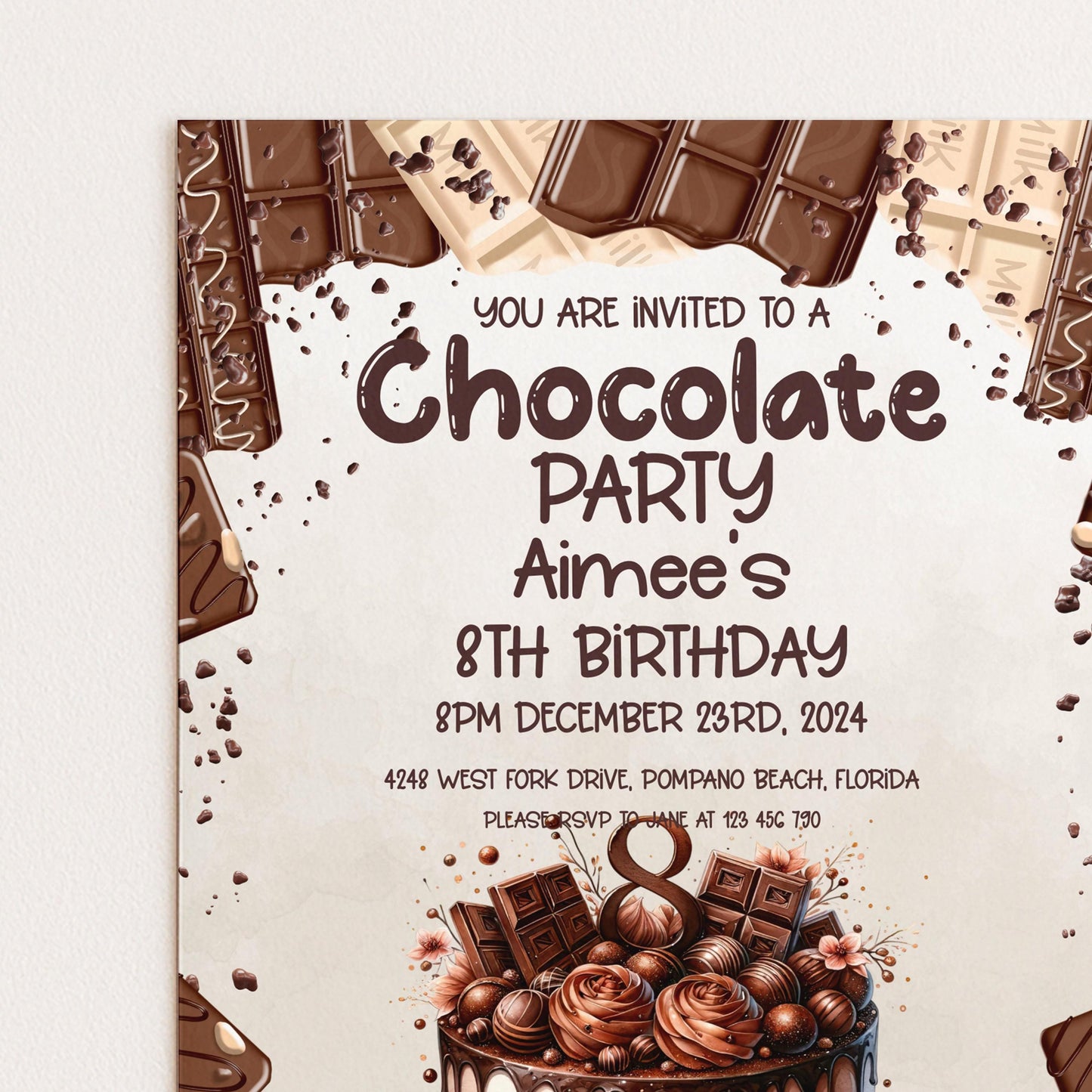 The image is a birthday party invitation for Aimee's 8th birthday.