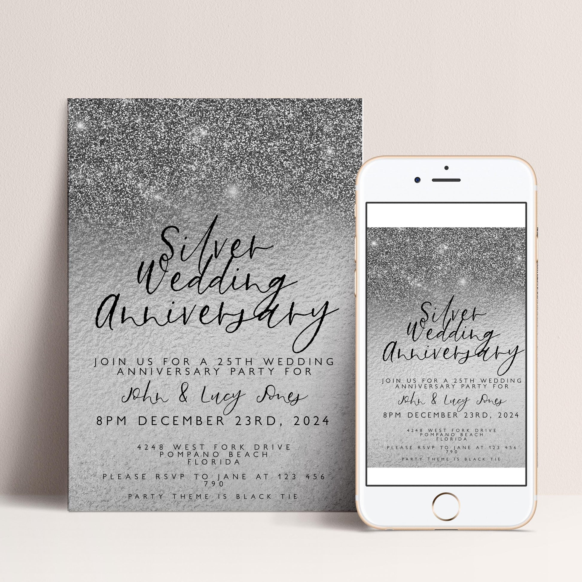 The image is a silver wedding anniversary invitation featuring a glittery background and elegant text.