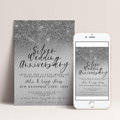 The image is a silver wedding anniversary invitation featuring a glittery background and elegant text.