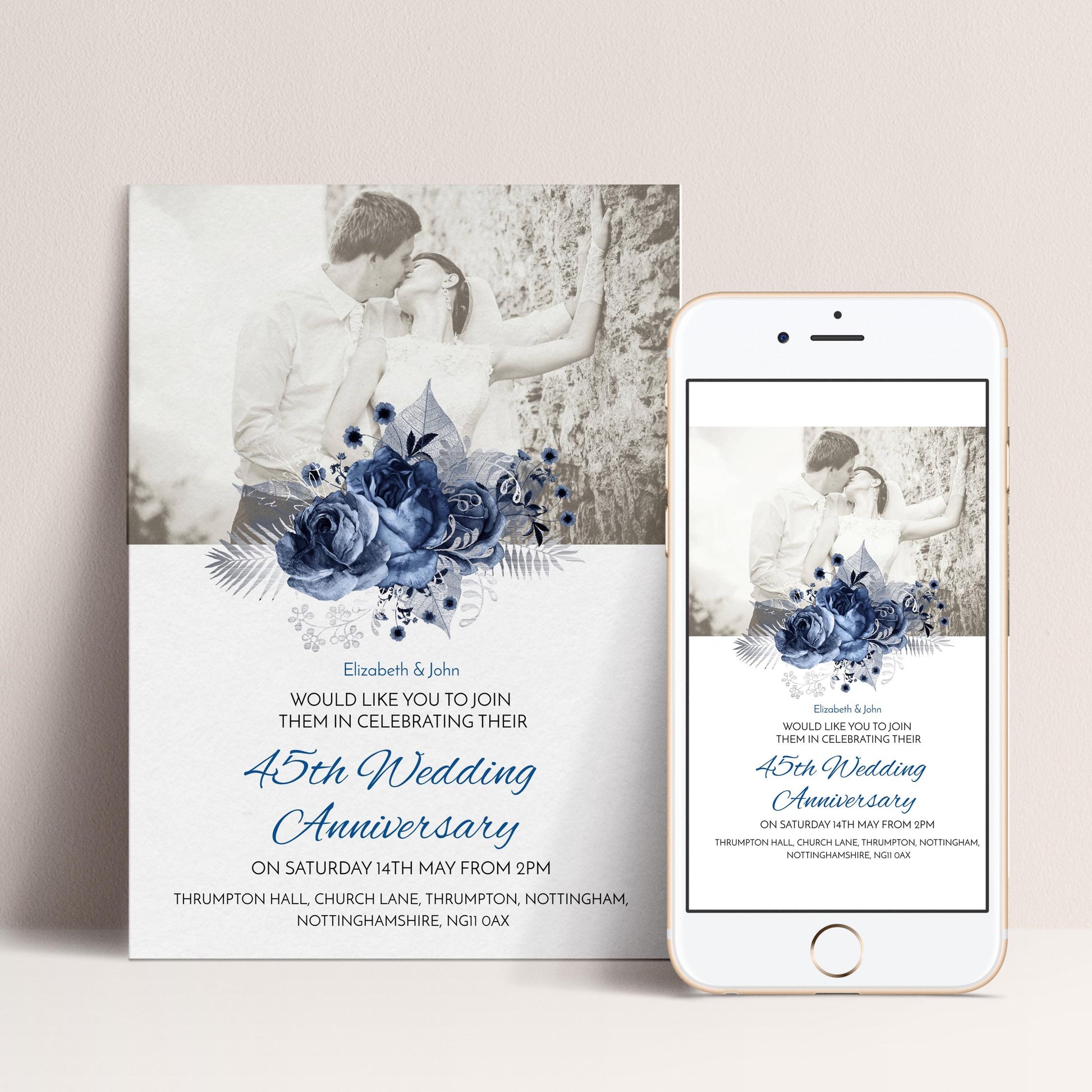 The image is a wedding invitation featuring a couple embracing in a romantic photograph, with a floral design and text providing details about the upcoming wedding anniversary celebration.