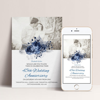 The image is a wedding invitation featuring a couple embracing in a romantic photograph, with a floral design and text providing details about the upcoming wedding anniversary celebration.