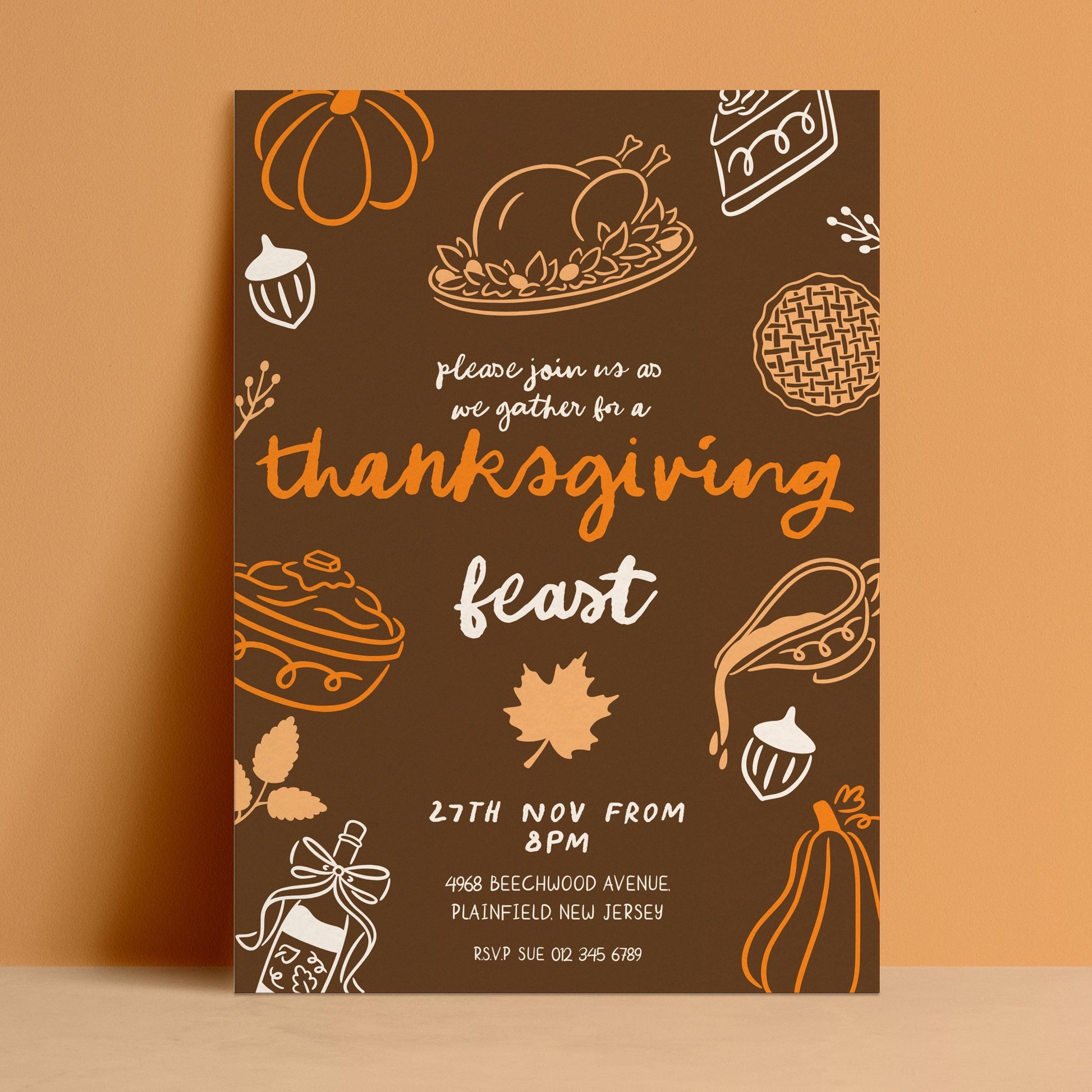 The image is a Thanksgiving invitation featuring various fall-themed illustrations such as pumpkins, pies, and leaves, along with the text "Please join us as we gather in a Thanksgiving feast".