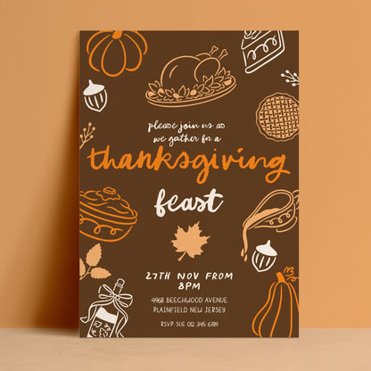 The image is a Thanksgiving invitation featuring various fall-themed illustrations such as pumpkins, pies, and leaves, along with the text "Please join us as we gather in a Thanksgiving feast".