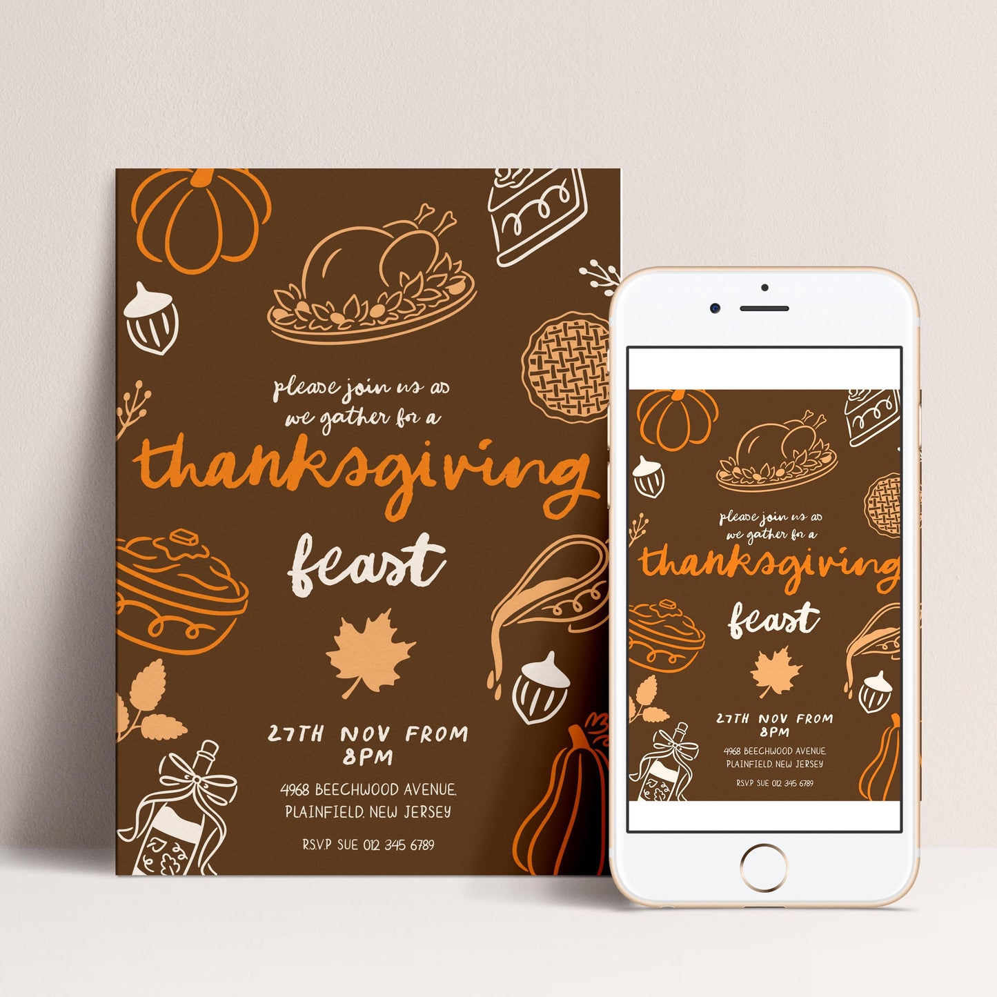 The image is a Thanksgiving feast invitation featuring a brown background with various fall-themed illustrations, including pumpkins, apples, and a turkey. The invitation invites guests to a feast and provides details about the event, including the date, time, and location.