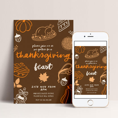 The image is a Thanksgiving feast invitation featuring a brown background with various fall-themed illustrations, including pumpkins, apples, and a turkey. The invitation invites guests to a feast and provides details about the event, including the date, time, and location.