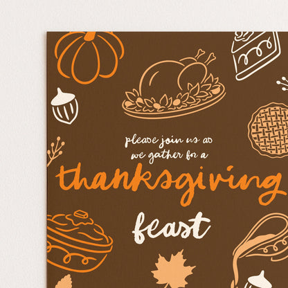 The image is a Thanksgiving invitation with various fall-themed illustrations, including a pumpkin, turkey, pies, and leaves, all set against a brown background.