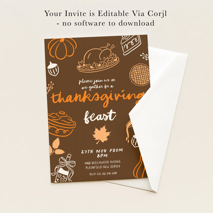 The image is a Thanksgiving invitation card with various fall-themed illustrations and text.