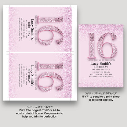 The image is a birthday invitation for Lucy Smith's 16th birthday. It features the number 16 in a pink glittery design and includes details about the celebration.