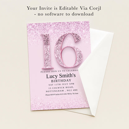 The image is a birthday invitation for a girl named Lucy Smith, celebrating her 16th birthday. The invitation is pink with a glittery design and includes details about the party, such as the date, time, location, and RSVP instructions.