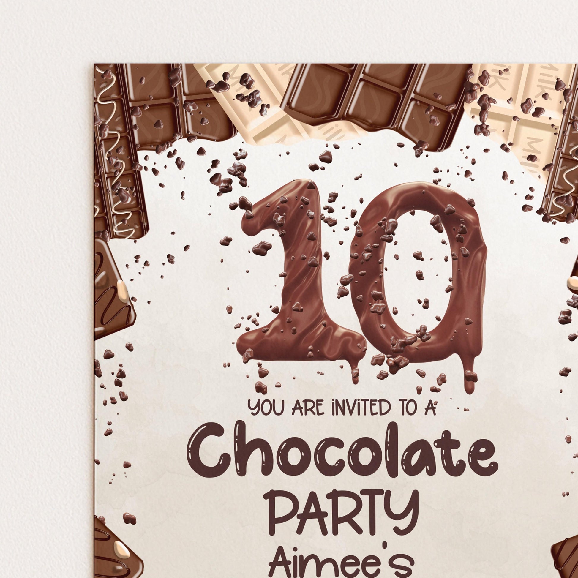 The image is a chocolate-themed party invitation with the number 10 and the text "You are invited to a Chocolate Party".