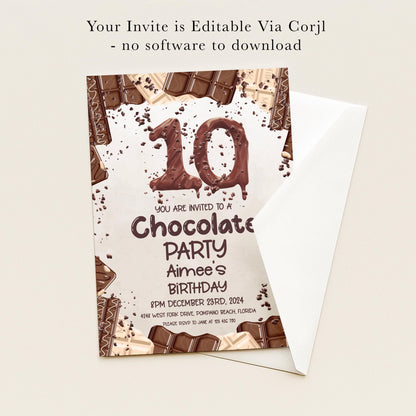 The image is a birthday party invitation for a chocolate-themed party, featuring chocolate bars and the number 10.
