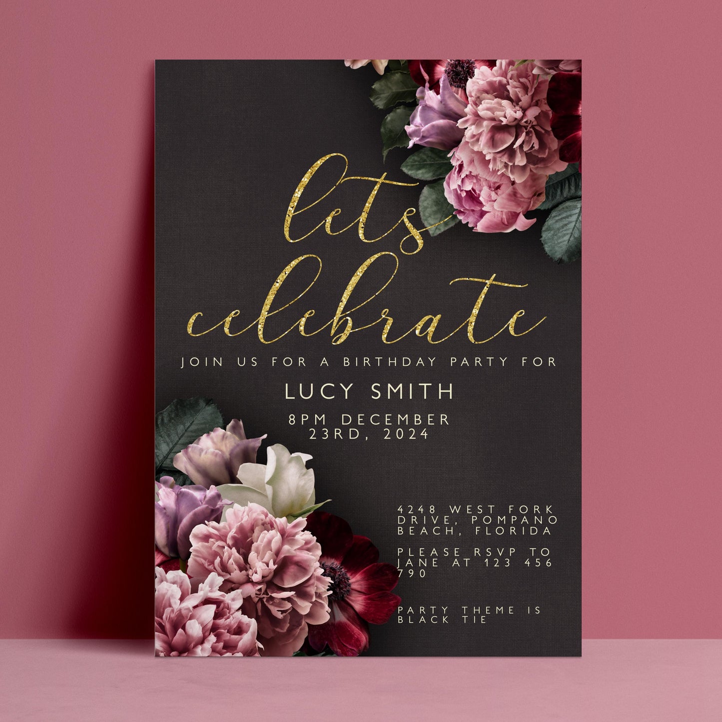 The image is a birthday party invitation featuring a floral design with pink and red flowers against a dark background.