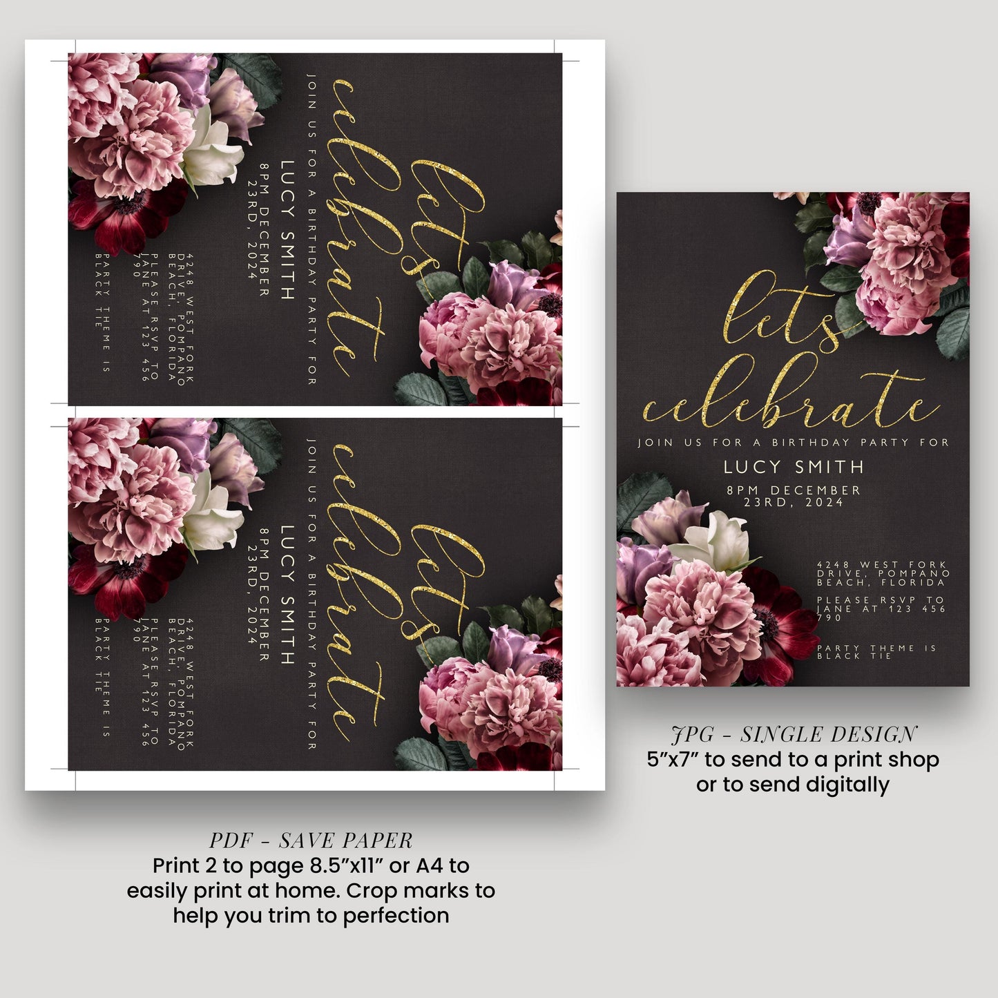 a birthday party invitation featuring a floral design with pink and red flowers. The invitation is for Lucy Smith's birthday party and includes details about the event, such as the date, time, location, and RSVP information.
