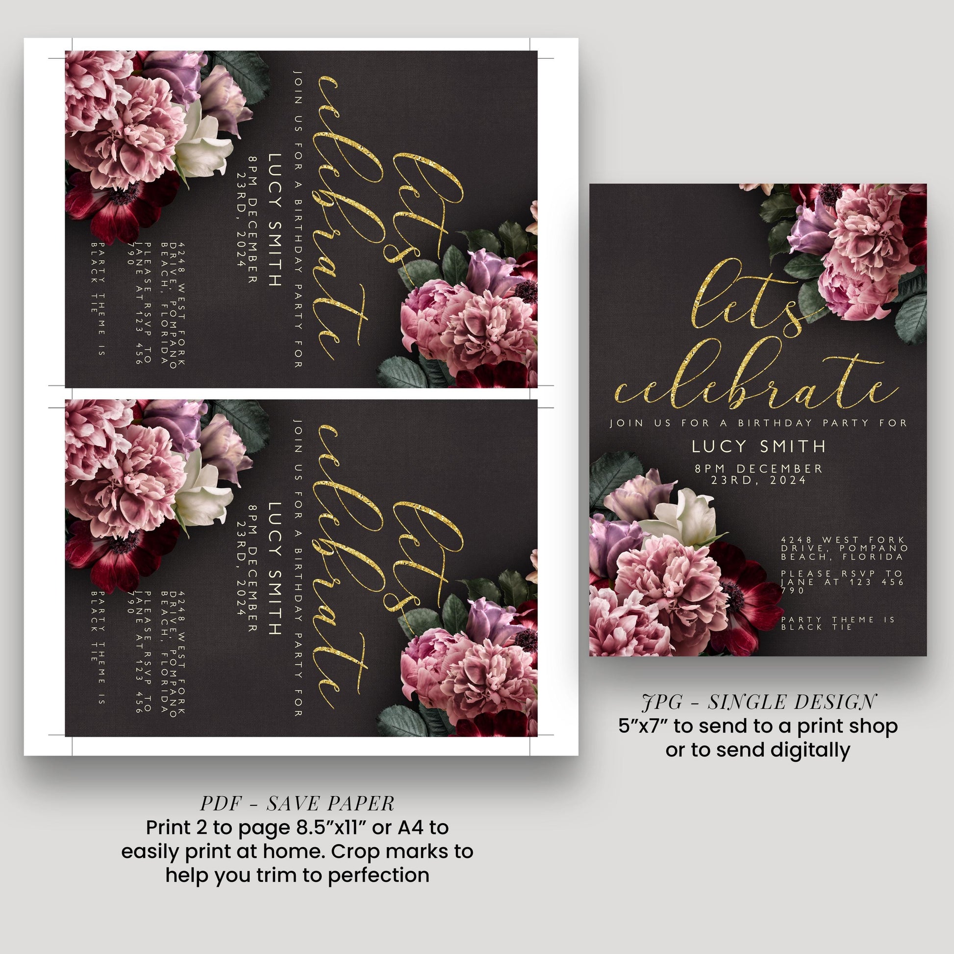 a birthday party invitation featuring a floral design with pink and red flowers. The invitation is for Lucy Smith's birthday party and includes details about the event, such as the date, time, location, and RSVP information.