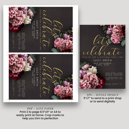 a birthday party invitation featuring a floral design with pink and red flowers. The invitation is for Lucy Smith's birthday party and includes details about the event, such as the date, time, location, and RSVP information.