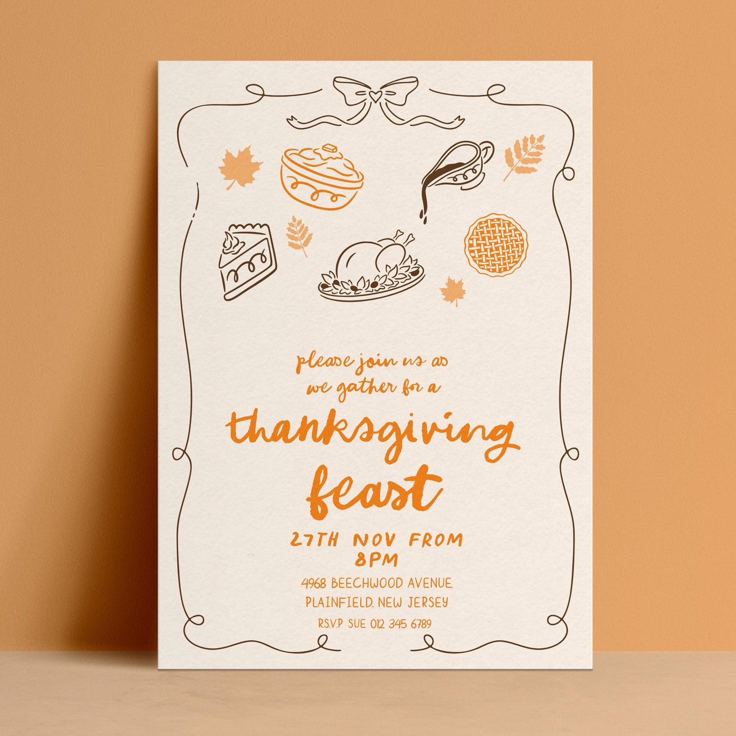 The image is a Thanksgiving invitation card with various fall-themed illustrations and text.