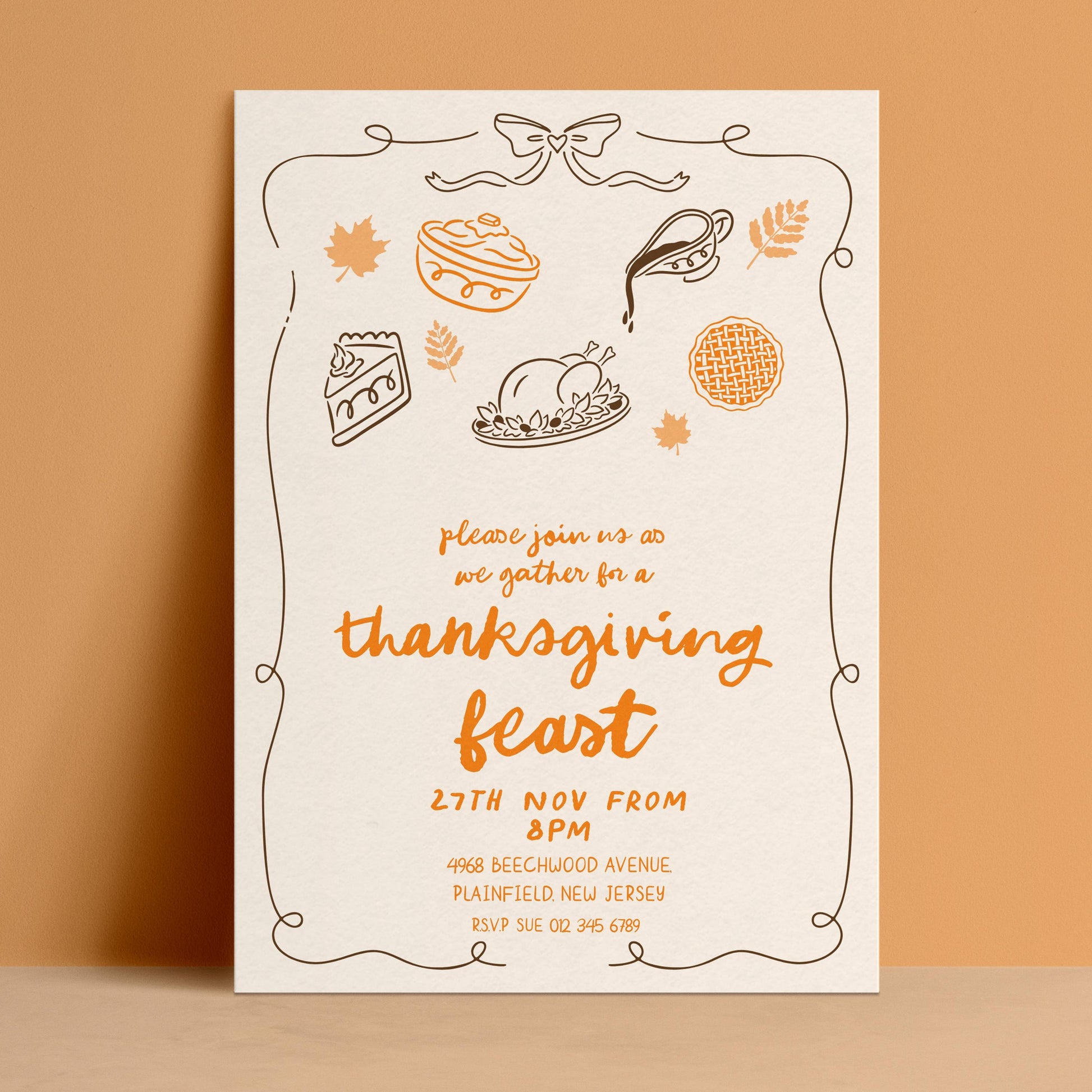 The image is a Thanksgiving invitation card with various fall-themed illustrations and text.