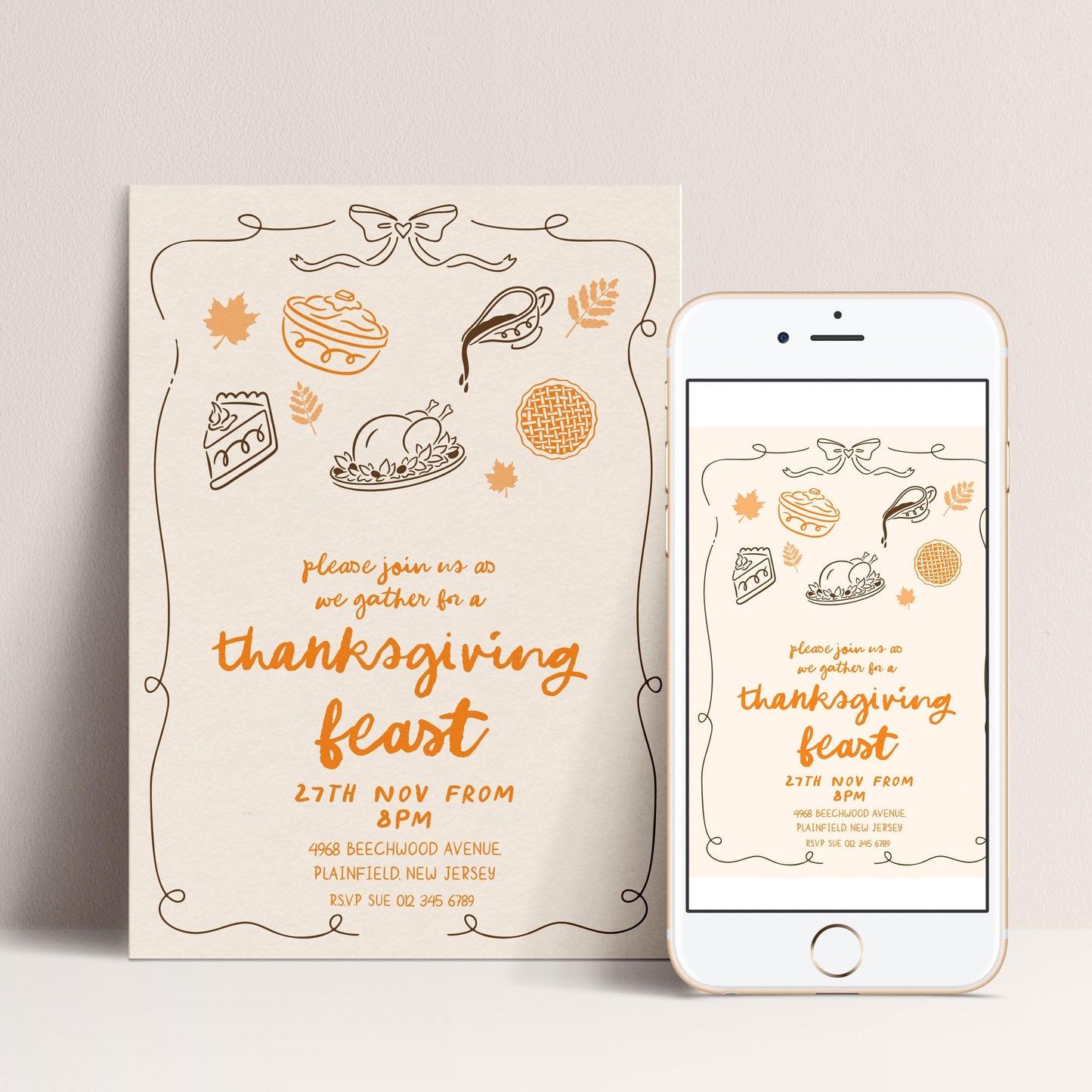 The image is a Thanksgiving feast invitation featuring a beige background with illustrations of food and a decorative border. The invitation is for a dinner party on November 27th from 8PM at the Plainfield New Jersey RSVP Sue 02-214-6968.