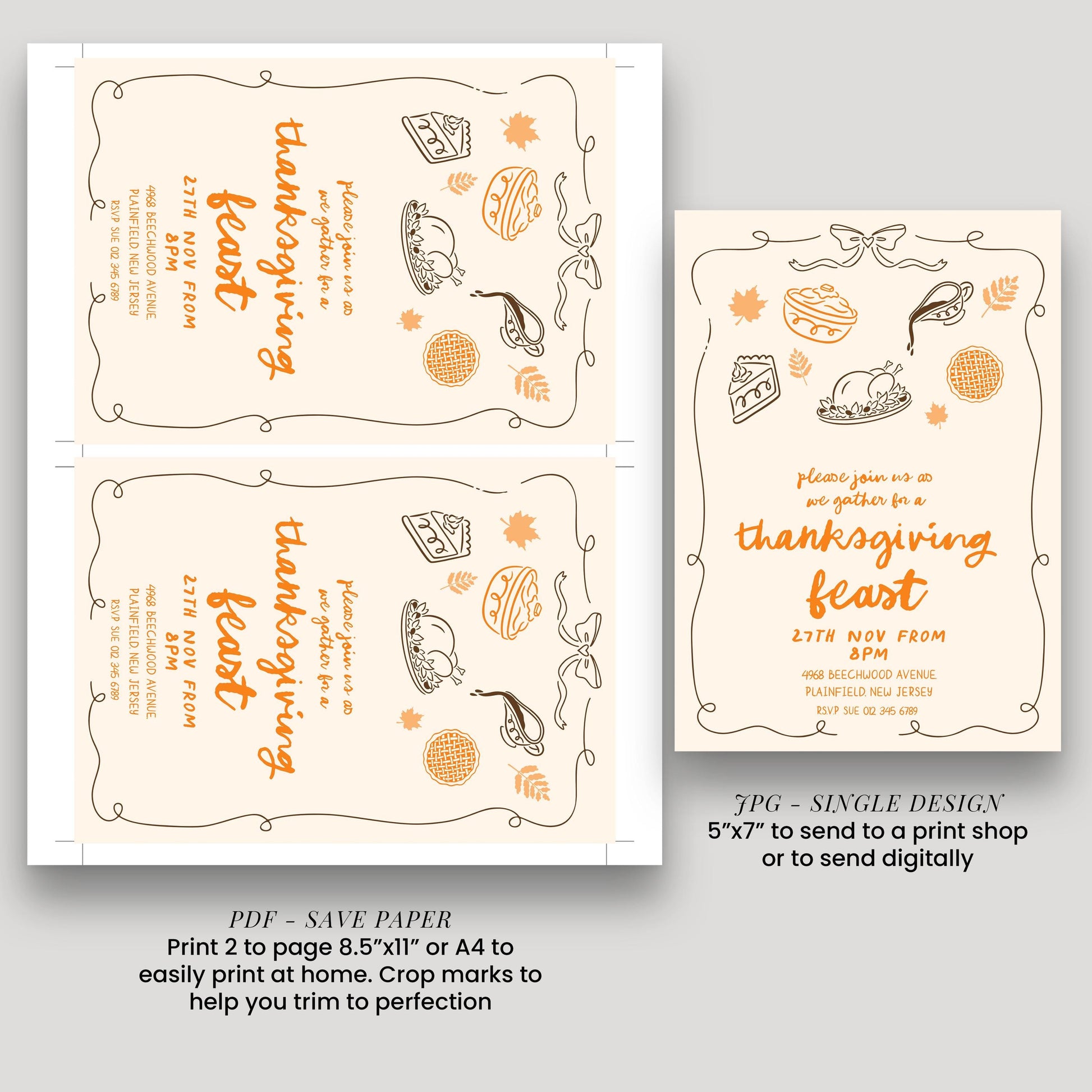 a Thanksgiving feast invitation with various illustrations of food items and decorations. The invitation is designed to be printed on paper or sent digitally, depending on the user's preference.