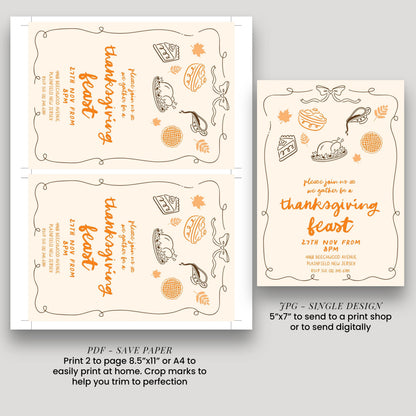 a Thanksgiving feast invitation with various illustrations of food items and decorations. The invitation is designed to be printed on paper or sent digitally, depending on the user's preference.