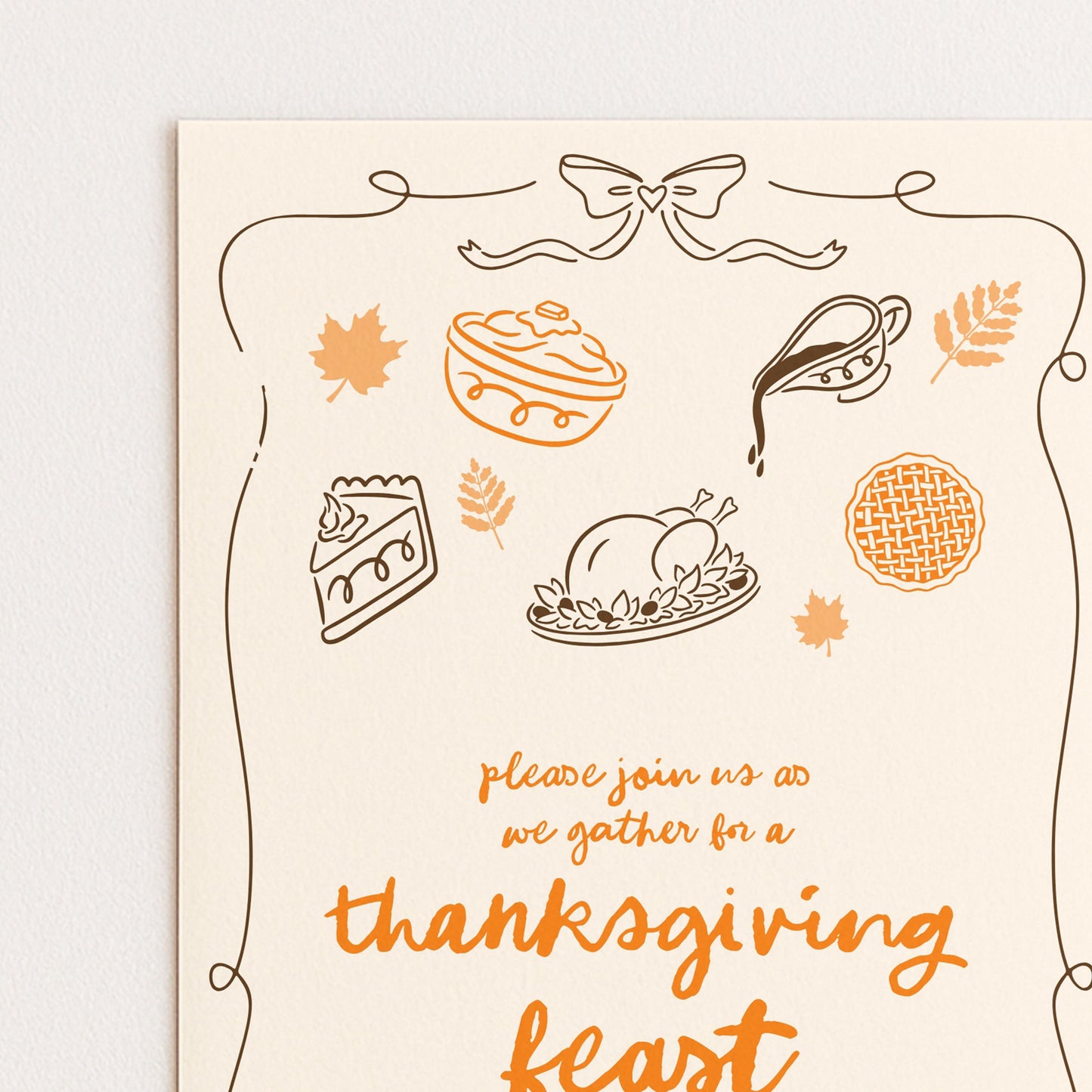 The image is a Thanksgiving invitation card with various fall-themed illustrations, including pies, pumpkins, and leaves, along with the text "Please join us as we gather for a Thanksgiving feast".
