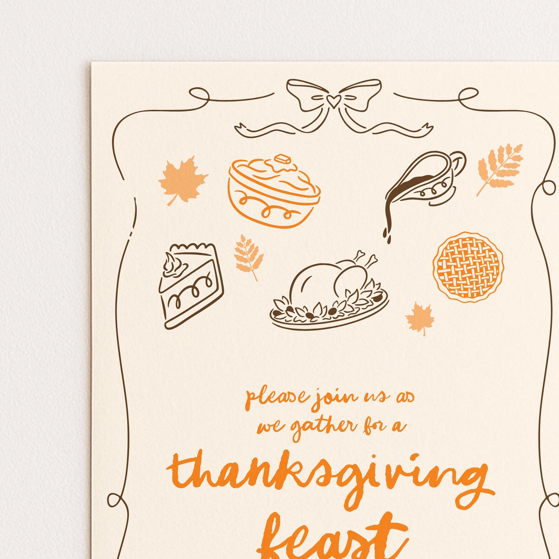 The image is a Thanksgiving invitation card with various fall-themed illustrations, including pies, pumpkins, and leaves, along with the text "Please join us as we gather for a Thanksgiving feast".