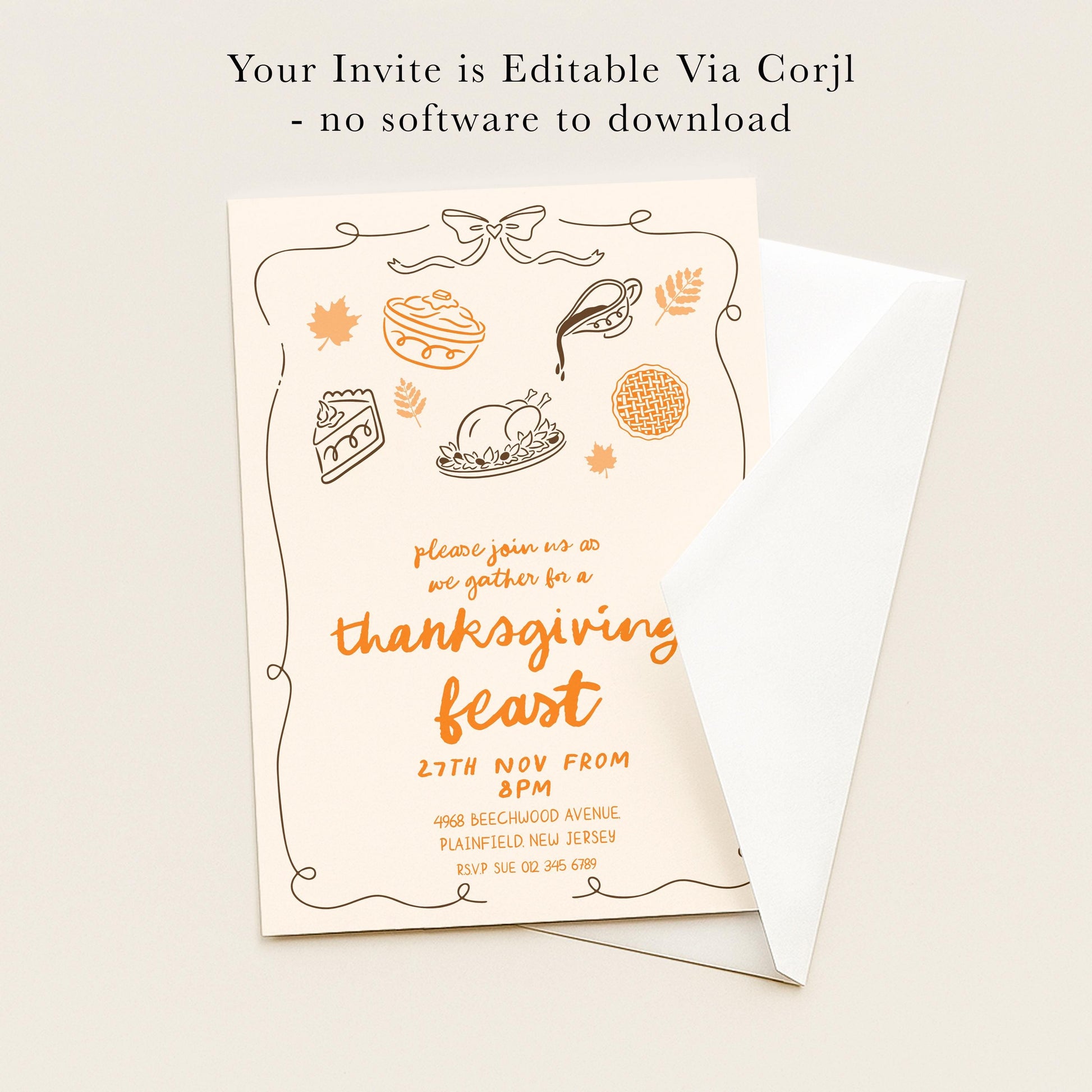 The image is a Thanksgiving invitation card with a simple design featuring illustrations of food and decorations.
