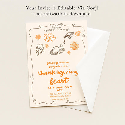 The image is a Thanksgiving invitation card with a simple design featuring illustrations of food and decorations.