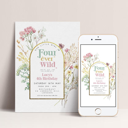 The image is a birthday invitation for a little girl named Lucy, featuring a floral design and text.