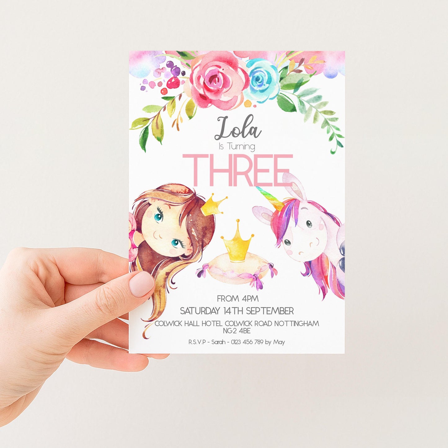 The image is a birthday invitation for a girl named Lola, who is turning three years old. The invitation features illustrations of a girl with a unicorn and a princess, along with the text "Lola is Turning Three".