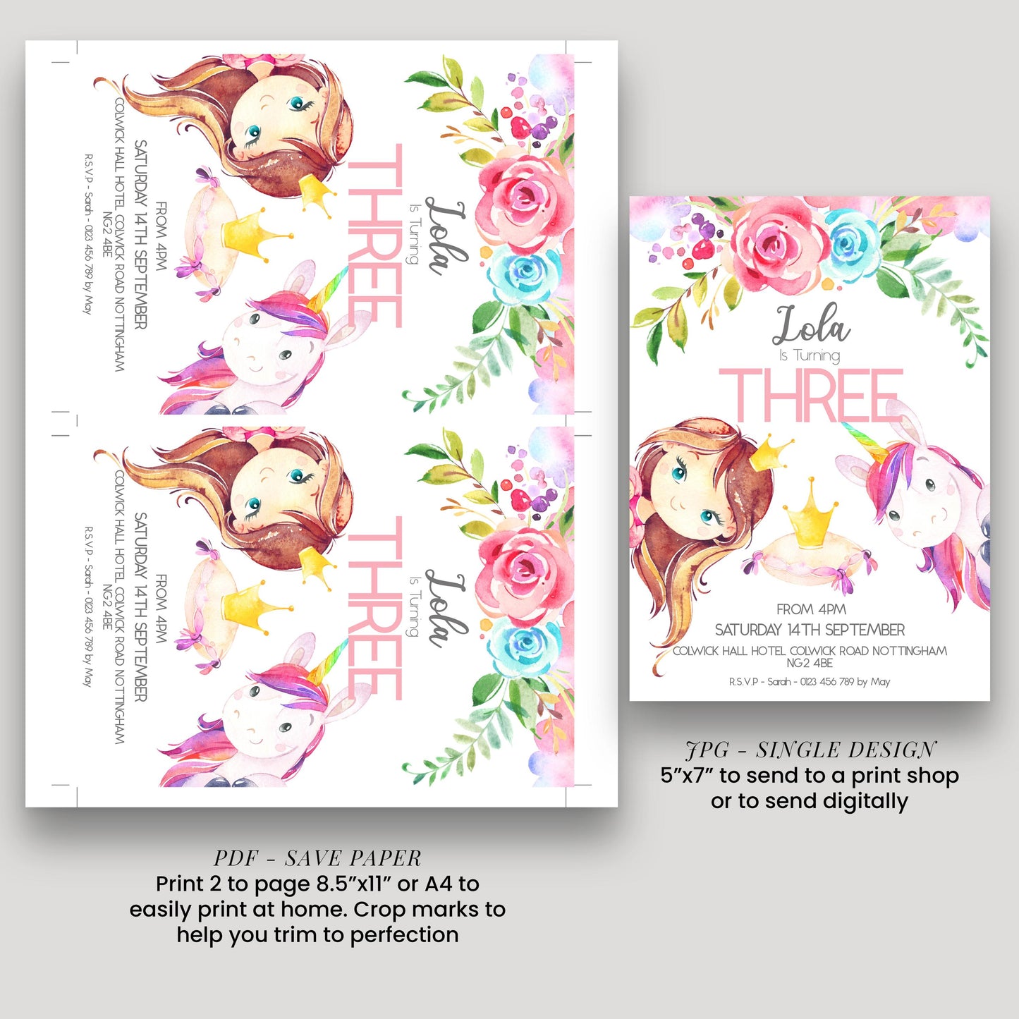 The image is a birthday invitation featuring a young girl with a unicorn and flowers. The invitation is for a birthday party, and it includes details about the event, such as the date, time, location, and RSVP information.