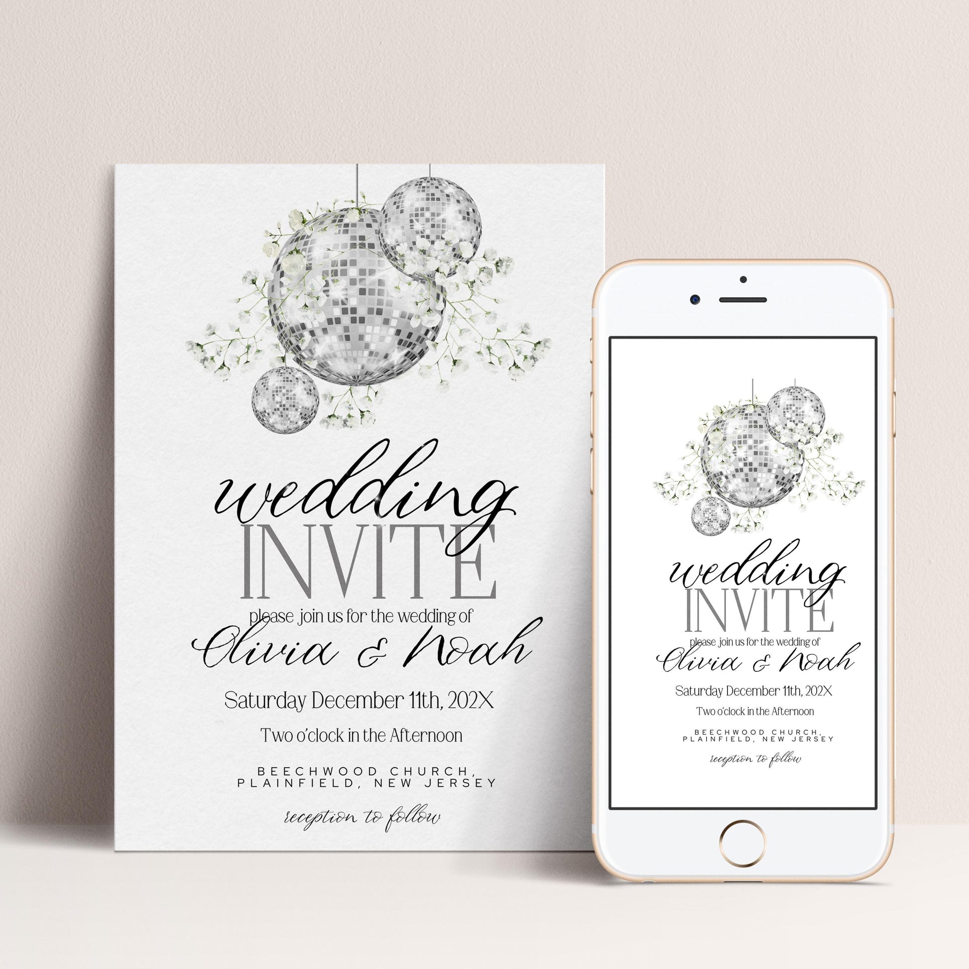 The image is a wedding invitation featuring a disco ball design and text inviting guests to the wedding of two people.