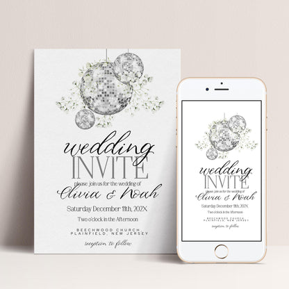 The image is a wedding invitation featuring a disco ball design and text inviting guests to the wedding of two people.