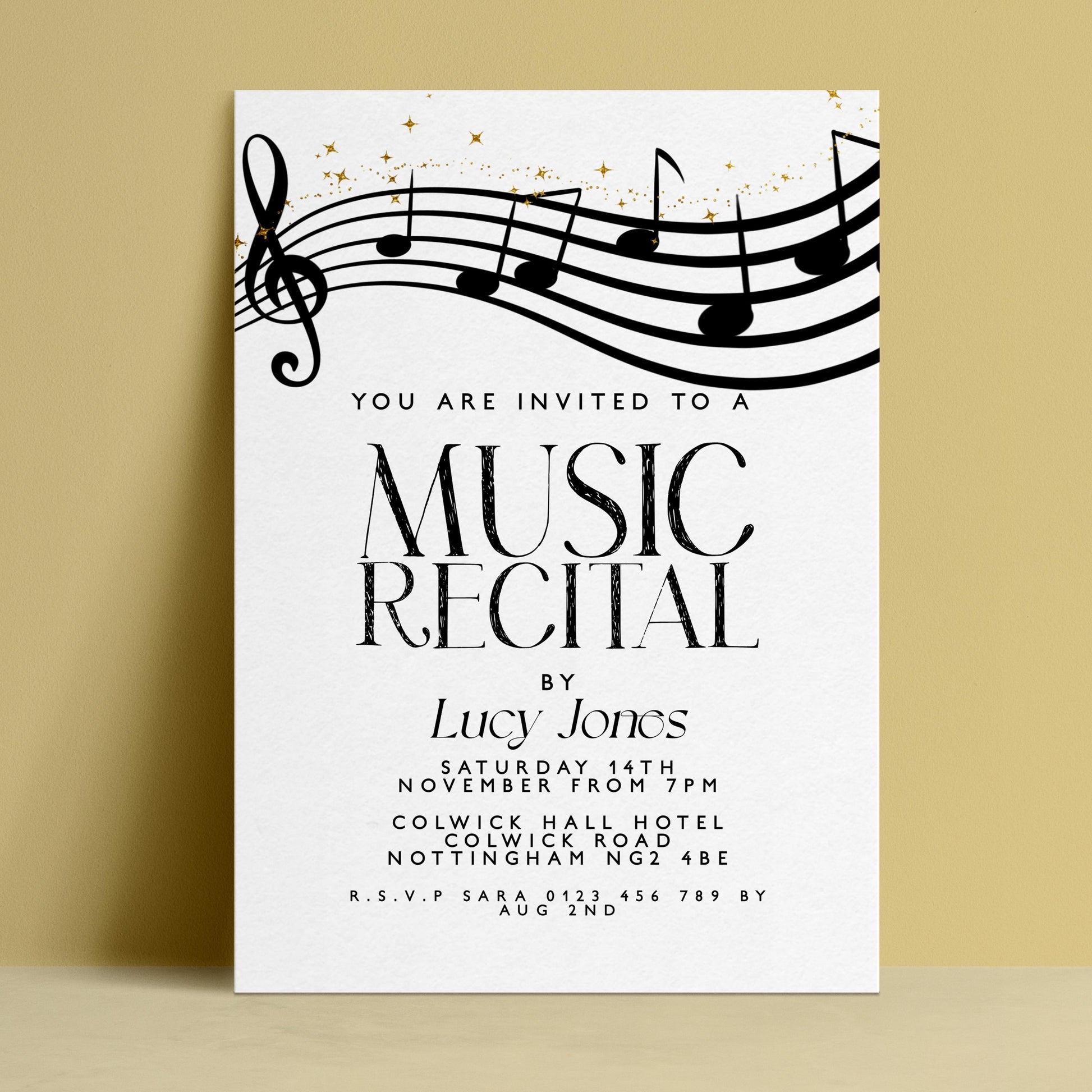 The image is a white invitation card for a music recital event.