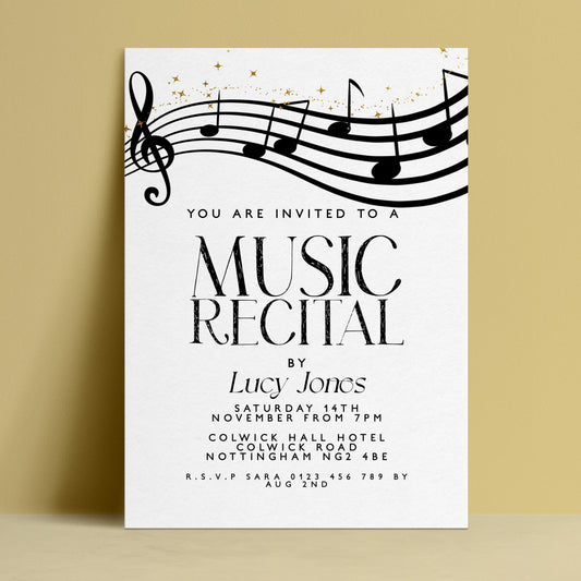 The image is a white invitation card for a music recital event.